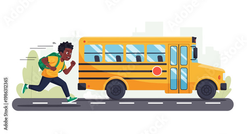 A Young Student Chasing The School Bus, Late For School, Running Enthusiastically To Catch It