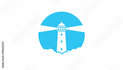 Lighthouse icon with blue circular rays, white tower and sea waves on a clean background featuring nautical, harbor, ocean with beacon and navigation