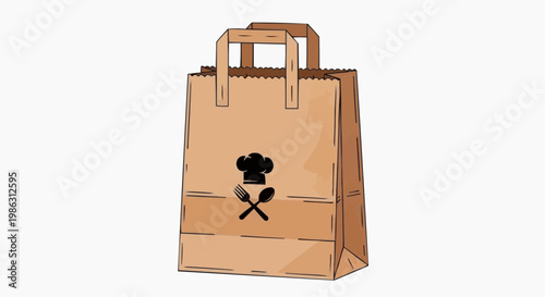 A vector graphic illustration of a brown paper takeout bag with a chef's hat and utensils logo