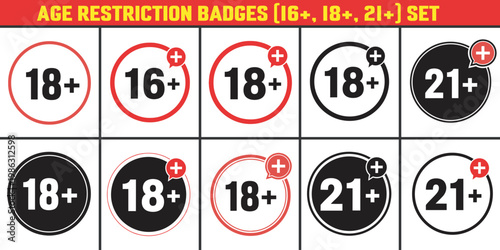 Age restriction badges and symbols for content classification and warning.