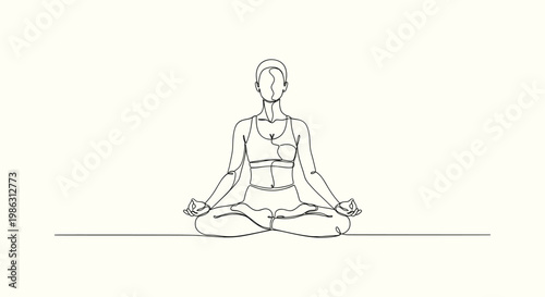 Continuous line drawing of a woman sitting in a lotus pose for meditation and yoga practice