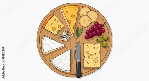 A vector graphic illustration of a cheese board with various cheeses, crackers, grapes, and a knife on a wooden platter.
