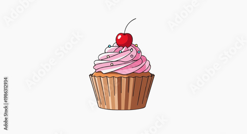 A colorful illustration of a cupcake with pink frosting and a cherry on top