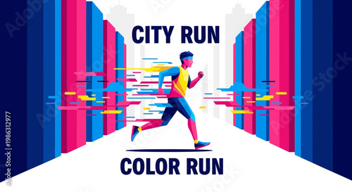Abstract Graphic of Runner in Colorful Cityscape for Urban Sports Event Design