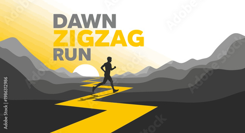 Abstract Representation Of A Person Sprinting Across A Zigzag Path With Mountainscape Background