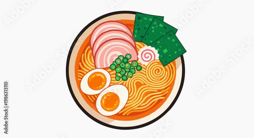 A vibrant illustration of a steaming bowl of ramen noodle soup with various toppings