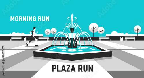 Abstract Illustration of Morning Runner in Plaza, Conceptual Modern Landscape Scene