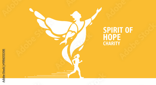 Abstract Spirit of Hope: Charity Concept Illustrated With Angelic Figure and Running Silhouette