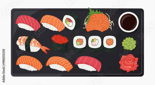 A vector graphic illustration of various sushi pieces on a black plate with soy sauce and wasabi