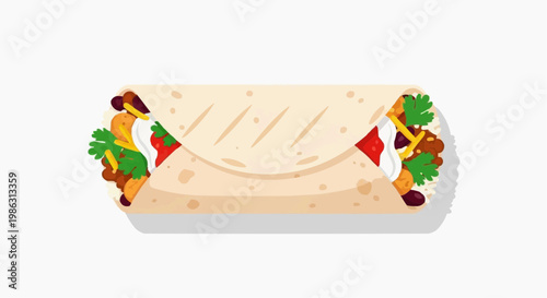A vector graphic illustration of a delicious wrapped sandwich with fresh vegetables and meat