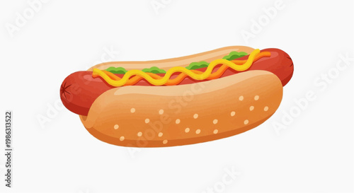 A colorful illustration of a hot dog with mustard and relish on a bun