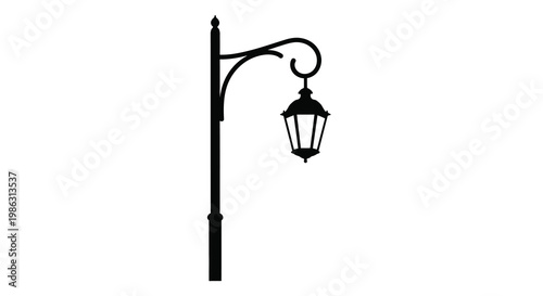 A solitary black silhouette of a vintage street lamp against white