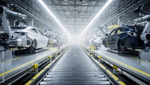 Automotive assembly line with robotic arms and cars in production