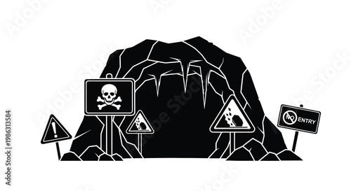 A dangerous cave entrance marked with warning signs and a skull symbol