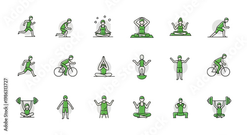 Active Lifestyle Icons Collection Diverse Fitness And Wellness Poses On White Background