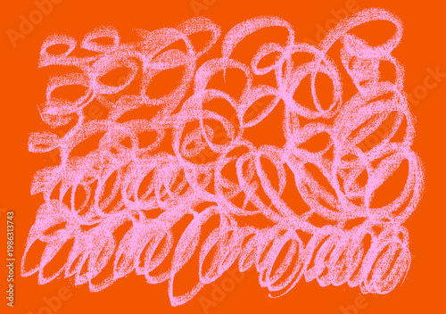 Pink crayon scribbles on orange paper texture, abstract hand drawn kids background with pencil squiggles, dry brush strokes, doodle lines, messy crayon marks in pink and orange artistic style.