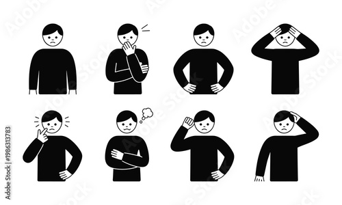 Black and white people icons, emotive expressions, 