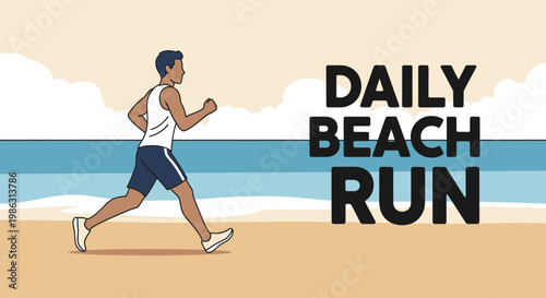 Active Man Running On The Sandy Shore Beside The Ocean Waves