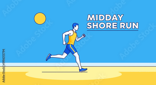 Active Man Running On Sandy Beach Under Bright Summer Sun