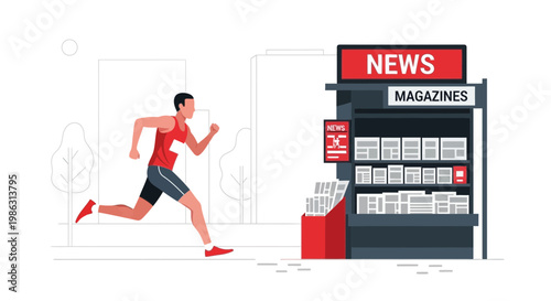Active Man Running Past Newsstand in Urban Setting