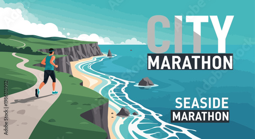 Active Runner On Coastal Path Illustrating Seaside City Marathon Event