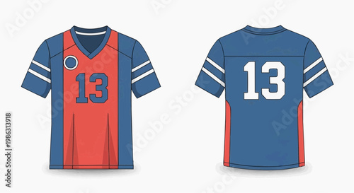 A vector graphic illustration of a blue and orange football jersey with the number 13 on both the front and back.