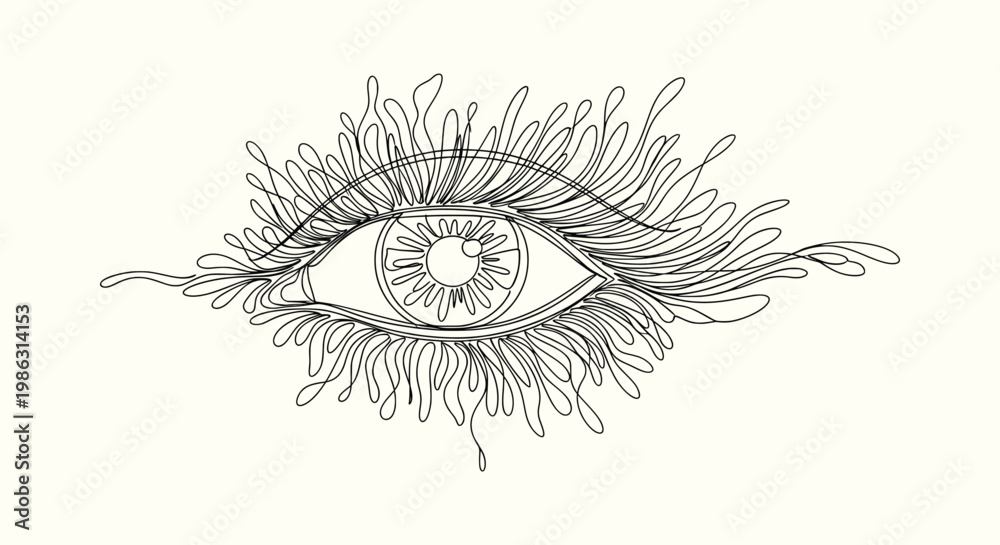 Obraz premium Abstract Continuous Line Art Drawing of a Human Eye with Long Minimalist Lashes for Wall Decor Art