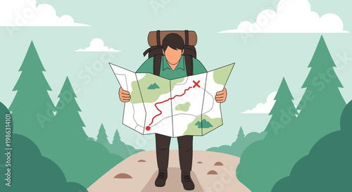 Adventurous Traveler Inspecting a Map on a Trail Through the Forest and Destination