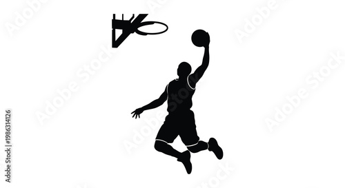 Silhouette of a basketball player in mid air preparing to dunk