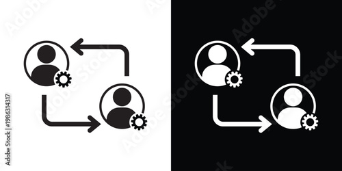 Person icons featuring mechanical gears and directional flow arrows. Represents technical support, expert assistance, automated services, professional settings, and system maintenance.