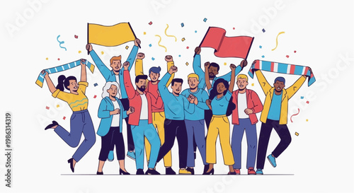 A vibrant illustration of a diverse group of people celebrating with flags and banners in a colorful and lively scene