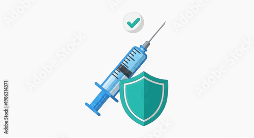 A vector graphic illustration of a syringe with a shield and a checkmark symbolizing protection and safety