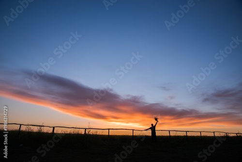 Silhouette of a Person Holding Flowers Against Vibrant Sunset Sky