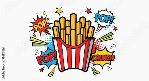 A colorful comic book style illustration of a bucket of french fries with pop and crunch sound effects