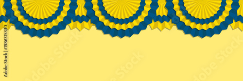 Decorative border with ukrainian rosettes and ribbon scallops in a repeating pattern. A festive national garland for celebration design and bright event compositions