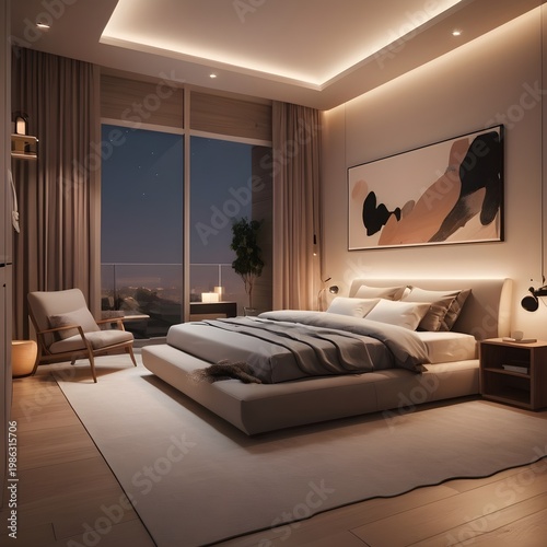 Minimalist Bedroom Interior with Modern Design and Ambient Lighting