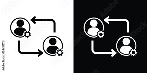 Person icons featuring mechanical gears and directional flow arrows. Represents technical support, expert assistance, automated services, professional settings, and system maintenance.