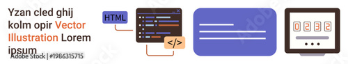 Web development, programming, technology, user interface, coding education, data processing. HTML icon with code, programming script and digital counter on a screen. Web development and programming