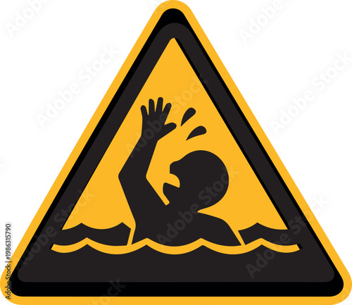Drowning Hazard Sign: A striking hazard sign depicting a person drowning in water, rendered in a high-contrast palette of yellow and black.