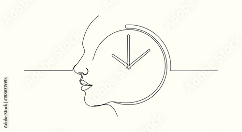 Abstract human profile with clock continuous line art for time management and mental awareness.