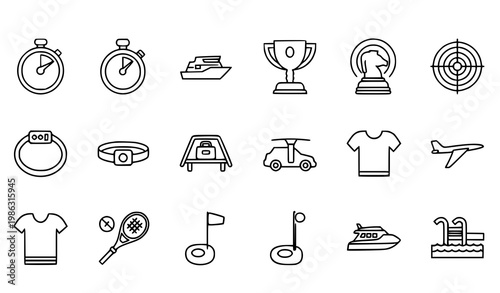 Minimal thin line sports travel and leisure icon set with outdoor activity and transport outline symbols vector