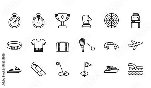Thin stroke minimal sports icon set with travel leisure and fitness outline symbols for UI design