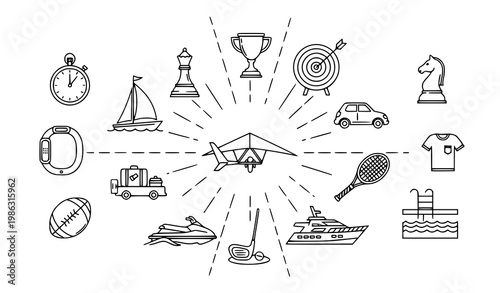 Modern outline sports and travel icon collection with fitness leisure and water activities in thin line style vector