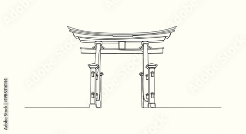 Minimalist One Line Drawing of a Traditional Japanese Shinto Torii Gate Shrine Entrance Illustration