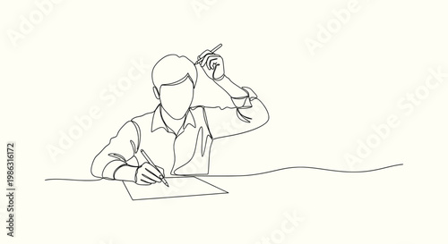 Continuous line drawing of a man sitting at a desk writing on paper and thinking deeply in office