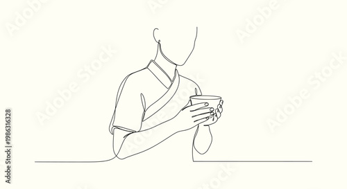 One line drawing of an Asian person in traditional attire holding a ceramic tea bowl cup vessel