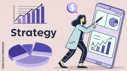 Vector illustration of woman planning strategy with mobile analytics charts. Business growth, marketing planning, financial statistics, investment analysis, digital report, and KPI concept.