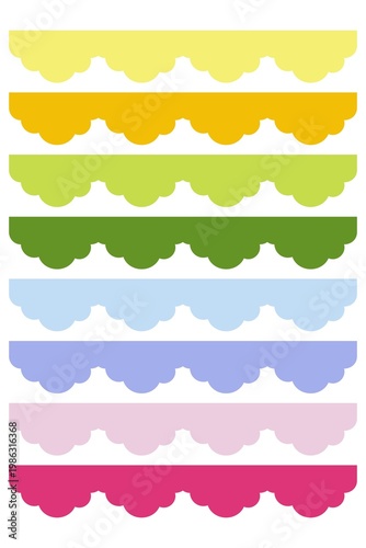 SET OF COLORFUL SCALLOPED BORDERS WITH WAVY DECORATIVE EDGE. SIMPLE VECTOR DESIGN ELEMENT FOR FRAME, TEMPLATE, CARD, SCRAPBOOK, BACKGROUND OR CHILDREN PROJECT.