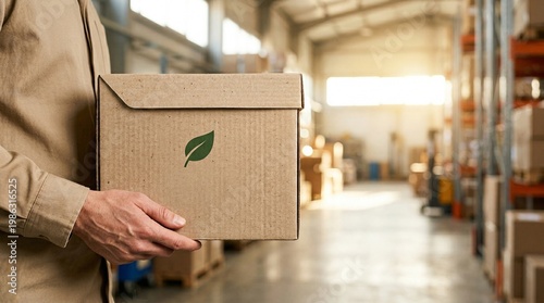 Close-up of a worker holding a cardboard box with a green leaf eco-label in a warehouse. Blurred industrial background with copy space. Concept of sustainable packaging and green logistics.
