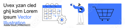 E-commerce, time management, productivity, scheduling tools, automation, and online services. are a calendar, a person with gadgets and a shopping cart. E-commerce and scheduling tools concepts